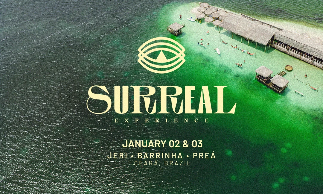 Surreal Experience campaign artwork over a turquoise lagoon: January 2 and 3, 2027, Jeri, Barrinha and Preá, Ceará, Brazil.