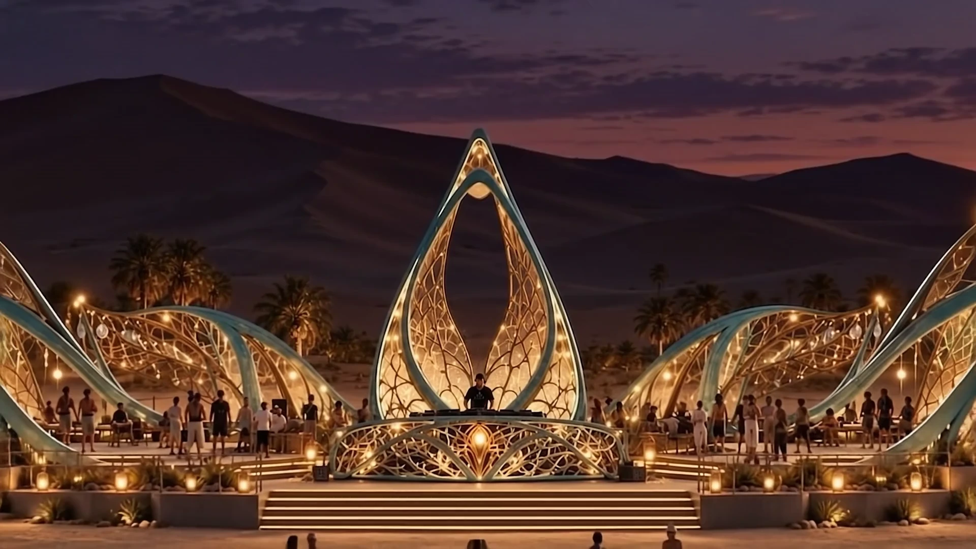 A cinematic transition from the illuminated Surreal stage and golden dunes to a turquoise coastal resort