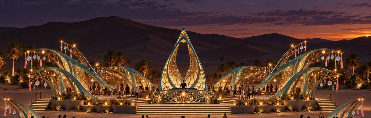 Concept illustration of an organically shaped, illuminated Surreal stage among sand dunes at dusk